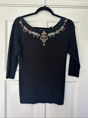 White House Black Market Rhinestone and Beaded Black Silk Blend Sweater XS